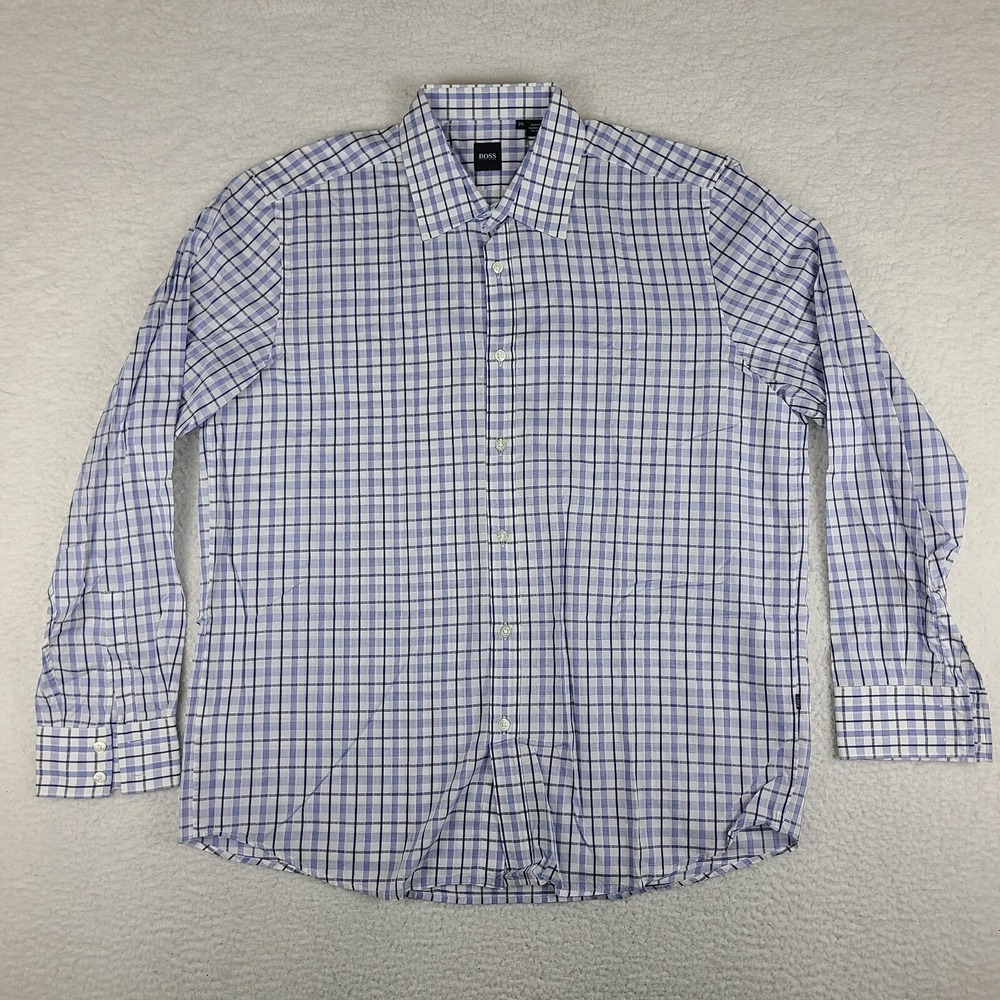 Boss Hugo Boss Shirt Mens 2XL XXL Blue Plaid‎ Lex Dress Button Up
